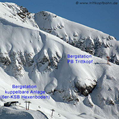 Pendelbahn-Bergstation der Trittkopfbahn und einer kuppelbaren Sesselbahn im Vergleich